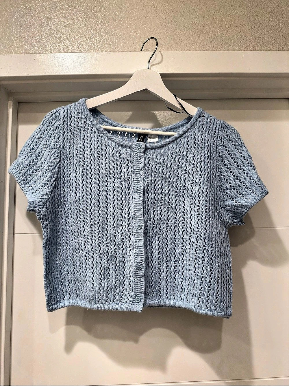 H&M Pointelle-Knit Cardigan Blue Short Sleeve